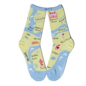 NWT - Hilton Head And Bluffton SC Map Print Socks - Blue and Yellow Size L/XL